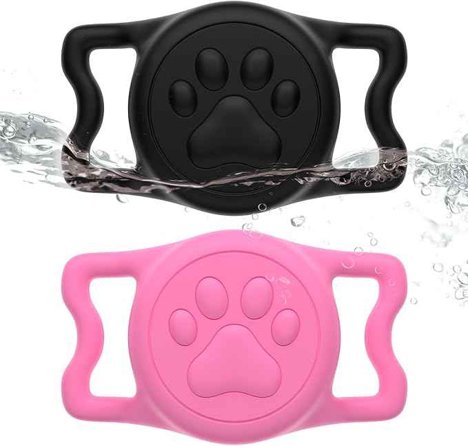 for Airtag Dog Collar Holder, Dog Airtag Holder Waterproof, Lightweight & Soft Silicone Air Tag Case for Pet Collars, Works with Multiple Tracker Tag Products (Black1+Pink1, 2 Pack)