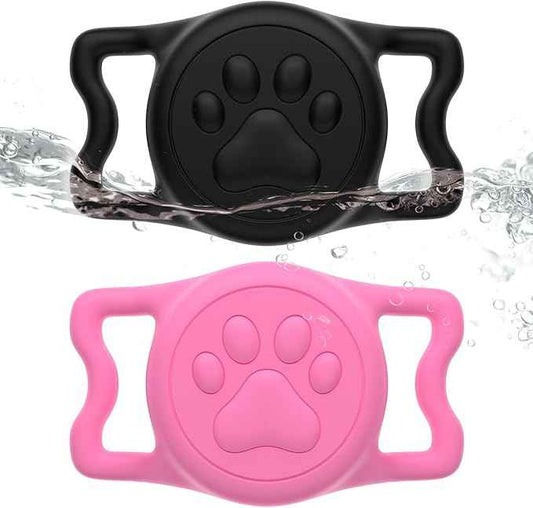 for Airtag Dog Collar Holder, Dog Airtag Holder Waterproof, Lightweight & Soft Silicone Air Tag Case for Pet Collars, Works with Multiple Tracker Tag Products (Black1+Pink1, 2 Pack)