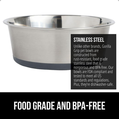 GORILLA GRIP Set of 2 Dog Bowls, Holds 6 Cups (48 fl oz), Heavy Duty Metal Food and Water Bowl for Feeding Dogs and Cats, Dishwasher Safe, Rust Resistant Stainless Steel, BPA Free Rubber Base, Gray