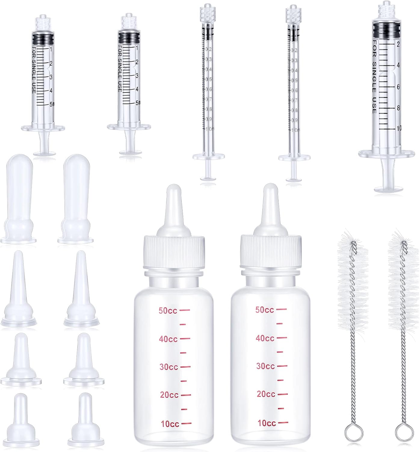 17 Pieces Pet Nursing Bottle Kit Including 2 Pet Feeding Bottle, 8 Replacement Feeding Nipples, 5 Dog Nursing Syringes in 1 Ml, 5 ml and 10 Ml, 2 Cleaning Brushes for Kittens, Puppies, Rabbits