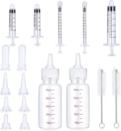 17 Pieces Pet Nursing Bottle Kit Including 2 Pet Feeding Bottle, 8 Replacement Feeding Nipples, 5 Dog Nursing Syringes in 1 Ml, 5 ml and 10 Ml, 2 Cleaning Brushes for Kittens, Puppies, Rabbits