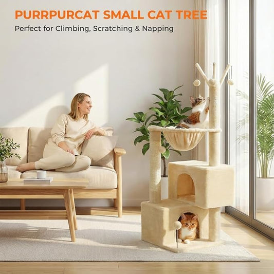 Cat Tree 45" for Indoor Cats, Compact Cat Tower with 2 Condos, Hammock Bed & 5 Hanging Ball Toys, Space-Saving Sturdy Cat Condo Furniture for Kittens & Small-Medium Cats