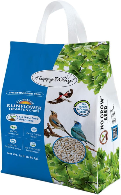 Sunflower Hearts & Chips Bird Food 15 lbs No Mess, No Waste Seed No Grow Formula Ideal for Wild Birds, Finches, Sparrows, and Year-Round Feeding.