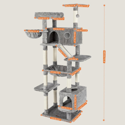 73 inches Large Cat Tree for Indoor Cats, Tall Cat Tower with Sisal Scratching Posts and Pads, Padded Plush Perch, Cozy Basket, Plush Condo for Large Cats (Grey)