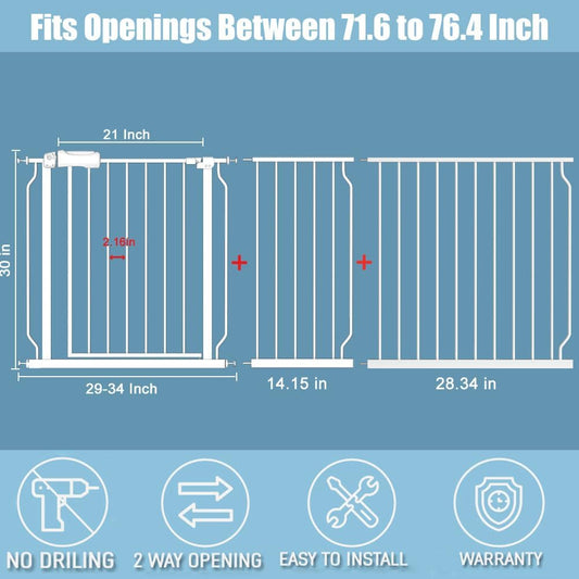 Extra Wide Baby Gates 71.5-76.3 Inch White Pressure Mounted Baby Gate Indoor Safety Gates Pressure Mounted Child Gate for Stairs Doorways Hallways