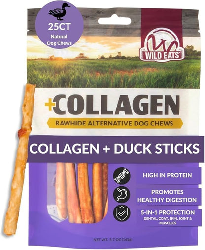 Wild Eats Real Duck Collagen Sticks for Dogs (25 Pack,5 Inch) Long Lasting Dog Chews No Hide Dog Treat Bully Stick Alternative, Rawhide Free, Grain Free, High Protein