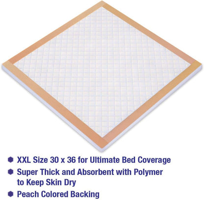 Ultra Absorbency Disposable Underpads Extra Thick 100 Grams Fluff with Polymer XL Size 30 X 36, Peach, 50Count