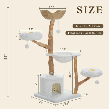 59" Modern Cat Tree Tower for Large Cats w/2 Flower Perches-Natural Solid Wood Scratching Post with Real Branch-Luxury Boho Cat Furniture w/Condo & Wicker Basket Bed, Cloud White