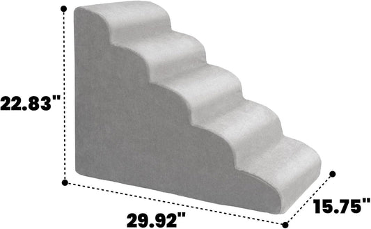MEWANG Dog Stairs for Small & Medium Dogs and Old Cats â3/4/ 5 Steps High-Density Foam Pet Ramp for Bed & Couch, Non-Slip, Washable Cover, Grey (Round Corner, 5 Steps: 29.92''Ă22.83''Ă15.75'', 2)