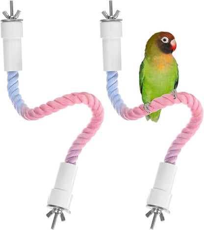 2-Pack Rope Perches for Bird Cages, 13.8 in Length Comfort Grip Flexible Rope Perch Beak & Paw Grinding for Parrots/Cockatiels/Parakeets, Bird Platform Sand [Pink Blue]