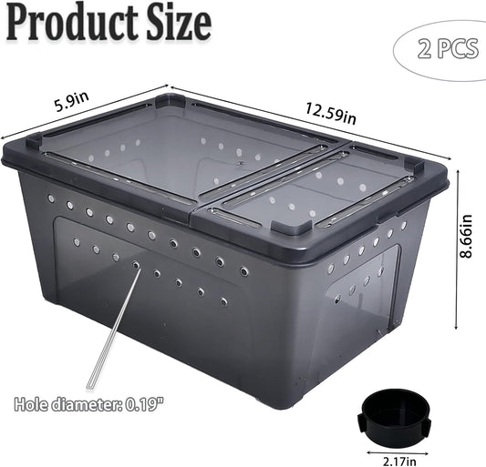 PINVNBY Reptile Enclosure Terrarium 2-Pack - 12.6"x8.7"x5.9" Multi-Purpose Transparent Plastic Habitat Cage for Gecko Scorpion Spider Snake Breeding Feeding & Cricket Keeper with Ventilated Lid, Black