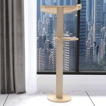 Cat Window Perch with Scratching Post Strong Supported - Large Hammock Bed for Cats Inside - Solid Wood Seat, Soft Cushion - Rustic Indoor Cat Tree Shelf for Sunbathing (Natural, Large 2)