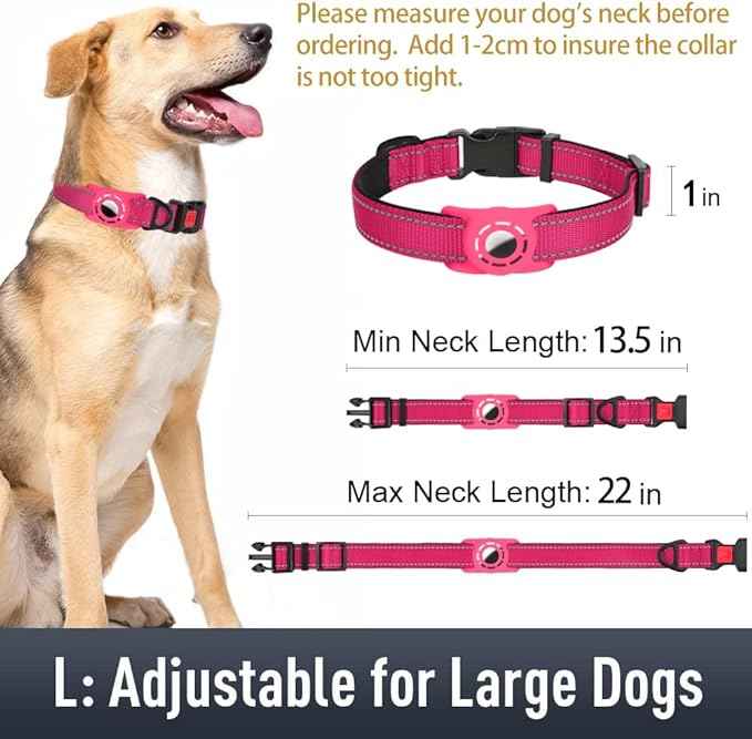 AirTag Dog Collar with AirTag Holder Compatible for Air Tag, Reflective Soft Padded, Safety Locking Buckle, Adjustable Nylon for Small Medium Large Dogs (Hotpink,L)