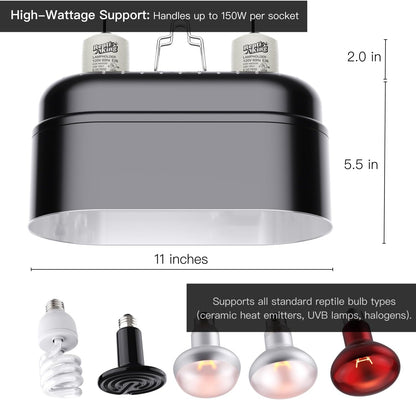Reptile Dual Light Fixture, Double Deep Dome for Reptile Light/Heat Lamp/UVB Light, Snap-on Lamp Fixture Holder for Beared Dragon/Snake/Turtle/Lizard Tank Accessories
