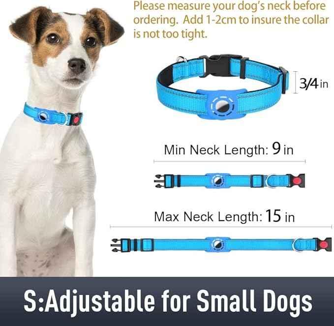 AirTag Dog Collar with AirTag Holder Compatible for Air Tag, Reflective Soft Padded, Safety Locking Buckle, Adjustable Nylon for Small Medium Large Dogs (SkyBlue,S)