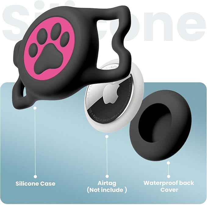 Waterproof Dog Collar Airtag Holder,Stretchy Silicone Full Body Covered Airtag Holder for Dog Cat Collars (Black-Rose red)