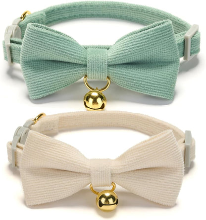 2 Pack Soft Corduroy Cat Collars with Bow Tie & Bell, Adjustable Breakaway Cotton Kitty Bowtie Collar for Female Male Cats(White & Grass Green)