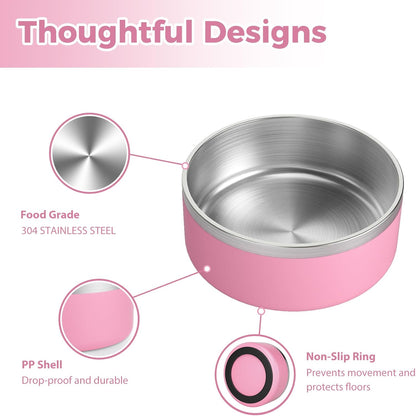 Stainless Steel Dog Bowl, Metal Water and Food Dish for Large Dogs, Insulated Non-Slip Pet Bowl, Easy Clean, 64oz, Pink