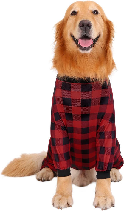HDE Dog Pajamas One Piece Jammies Jumpsuit Pet Clothes Outfit Stretchy Lightweight Comfy Shirt Pjs for M-3XL Dogs Buffalo Plaid - XXL