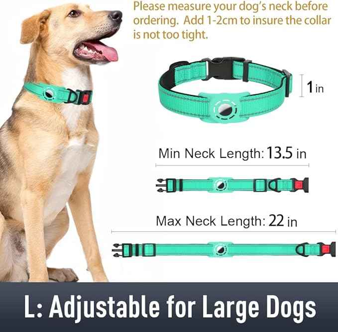 AirTag Dog Collar with AirTag Holder Compatible for Air Tag, Reflective Soft Padded, Safety Locking Buckle, Adjustable Nylon for Small Medium Large Dogs (Teal,L)