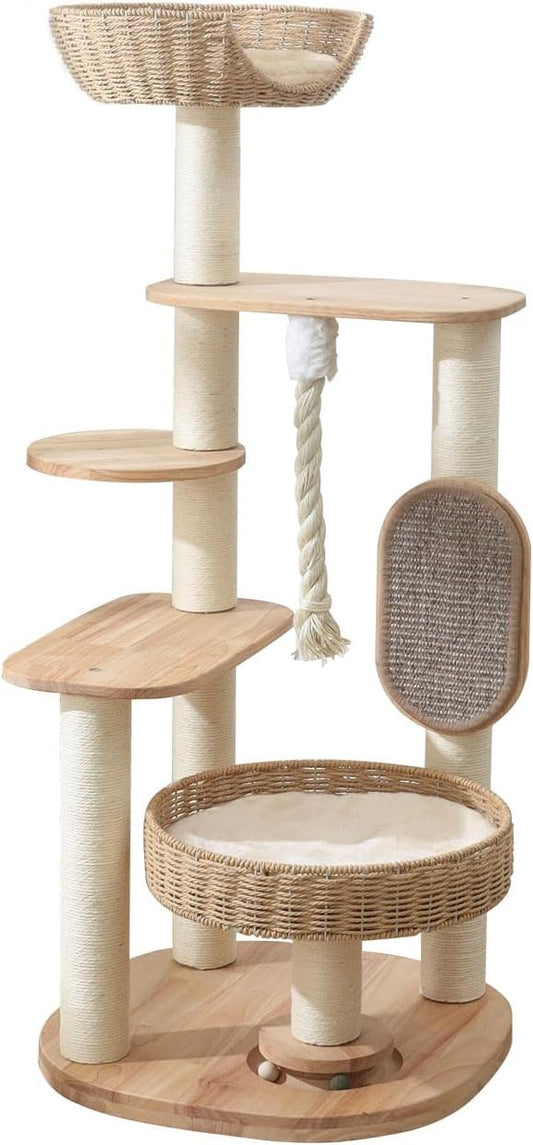 Wooden Cat Tree for Large Cat, 49.6-Inch Tall Cat Tower with Scratching Post for Indoor Cats, Multi-Level Cat Condo with Hand-Woven Cat Bed and Scratching Board Easy to Clean