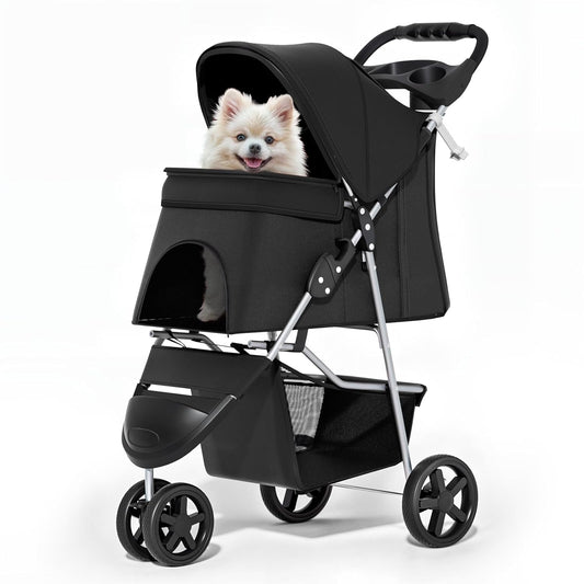 MoNiBloom Foldable Pet Stroller with Weather Cover, 3 Wheels Pet Strolling Cart for Small/Medium Dogs and Cats with Storage Basket and Cup Holder, Breathable and Visible Mesh for All-Season, Black - Pawvie