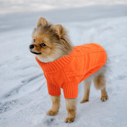 Queenmore Small Dog Pullover Sweater, Cold Weather Cable Knitwear, Classic Turtleneck Thick Warm Clothes for Chihuahua, Bulldog, Dachshund, Pug (Orange, Small)