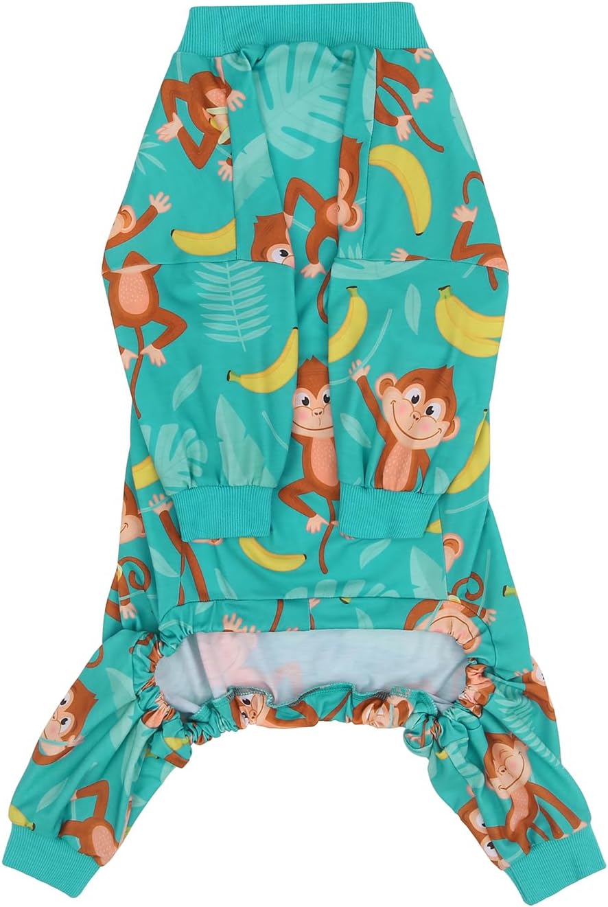 HDE Dog Pajamas One Piece Jammies Jumpsuit Pet Clothes Outfit Stretchy Lightweight Comfy Shirt Pjs for M-3XL Dogs Monkeying Around - XL