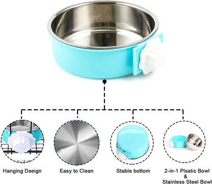 HERCOCCI Dog Crate Bowl, Removable Stainless Steel Pet Kennel Cage Hanging Food Bowls and Water Feeder Coop Cup Prevent Overflow for Puppy, Medium Dog, Cat, Rabbit, Ferret (2PCS)