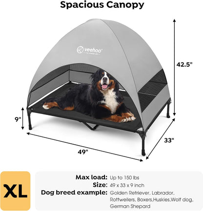 Veehoo Outdoor Dog Bed with Canopy, Cooling Elevated Pet Cot with Removable Shade, Non-Slip Feet, Raised Dog Cot for Large Dogs, Pet Tent Bed for Camping, Beach, XLarge, Black + Grey, CWC2411 - Pawvie