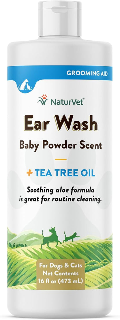 NaturVet Ear Wash Liquid Supplement for Dogs & Cats – Pet Health Supplement Cleans Dog, Cat Ear Canals – Includes Aloe, Tea Tree Oil – Helps Remove Pet Ear Wax, Dirt, Debris – 16 Oz.