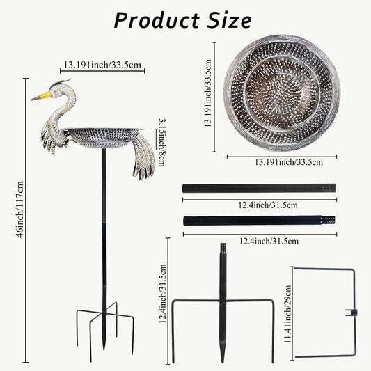 Metal Bird Bath with Stake, 13" Dia Crane Bird Baths for Outdoors, Freestanding Birdbath & Birdfeeder for Outside Garden Yards Lawn Decor, 46 Inch Tall