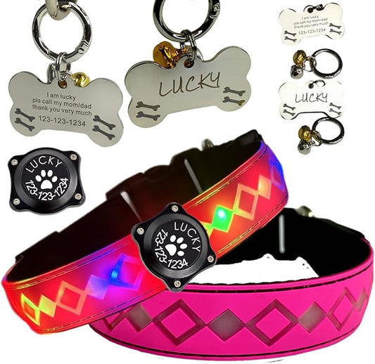 LED Dog Collar with AirTag Holder and Custom ID Tag, 15 Light Modes, Waterproof, Multiple Colors (Pink Pro, S(7.87-11.8"))