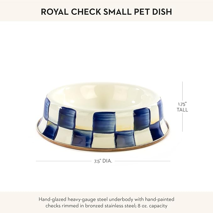 MACKENZIE-CHILDS Pet Bowl, Cute Cat and Dog Bowl for Food and Water, Blue-and-White Royal Check, Small