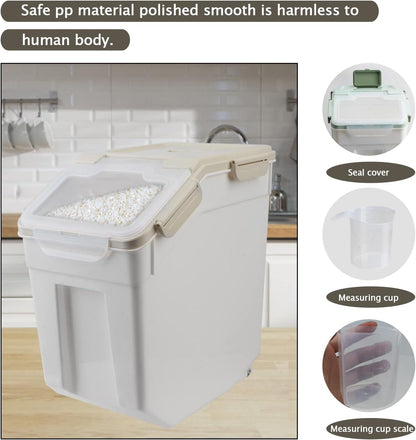 AnRui Airtight Flour Storage Container 25lb, Plastic Grain Storage Bucket, Rice Cereal Dispenser Organizer Box with Lid, Cat Dog Food Storage Bin with Measuring Cup, Scoop, Wheels, 2Pcs Grey