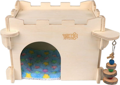 YKD Castle Chinchilla House - Small Animal Hideout for Chinchilla Guinea Pig Hedgehog, or Rat - Ventilated Wooden Guinea Pig Hut Habitat with Multiple Doors (Medium)