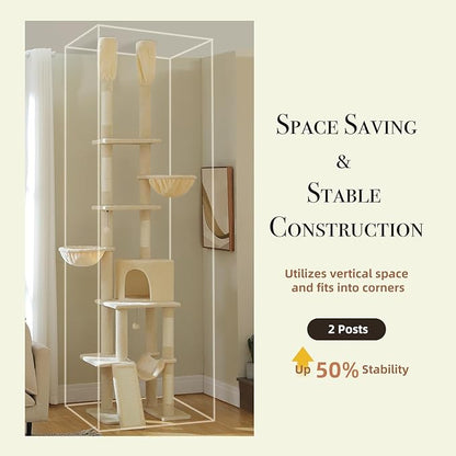 Floor to Ceiling Cat Tree Height (85-112 Inches) Adjustable, Tall Cat Tower 7 Tiers Activity Climbing Tower, Large Cat Tree with Cozy Hammocks, 5 Platforms and Scratching Posts for Indoor Cats-Beige