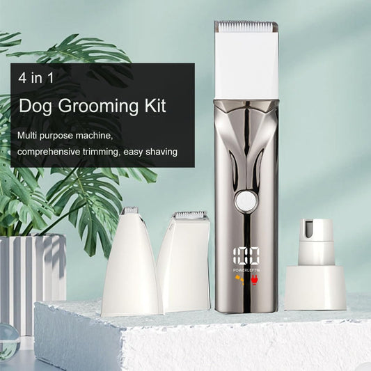 Dog Grooming Kit with LCD Display, 4 in 1 Dog Hair Trimmer for Paw Nail Grinder, Rechargeable Cordless Pet Cat Clippers, Professional Pet Paw Trimmer Nail Grinder Low Noise. Gray