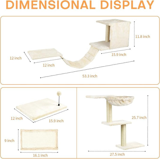 Cat Wall Shelves, Multi-Level Cat Climbing Furniture, Space-Saving Wall-Mounted Cat Climber Set with Perches,Bridge,Hammock,Scratching Board & Ball for Indoor Cat Play (Light Grey)