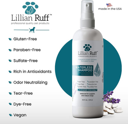 Lillian Ruff Waterless No-Rinse Dog Dry Shampoo Spray with Hydrating Essential Oils - pH-Balanced Dry Shampoo for Dogs - Clean, Condition, Detangle & Deodorize Dry, Sensitive Skin (Lavender Coconut)