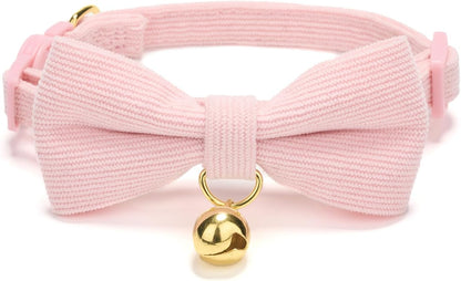 2 Pack Soft Corduroy Cat Collars with Bow Tie & Bell, Adjustable Breakaway Cotton Kitty Bowtie Collar for Girl Boy Kitten (Pink & Blue)