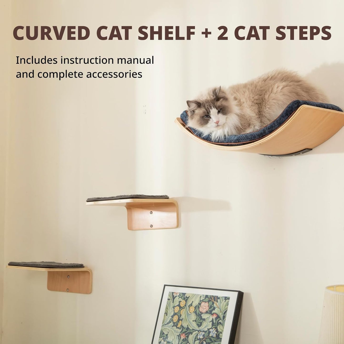 Cat Wall Shelf with Two Steps - Curved Cat Shelves and Perches for Wall (Large Size) - Wall Mounted Cats Furniture for Sleeping, Playing, Climbing, and Lounging
