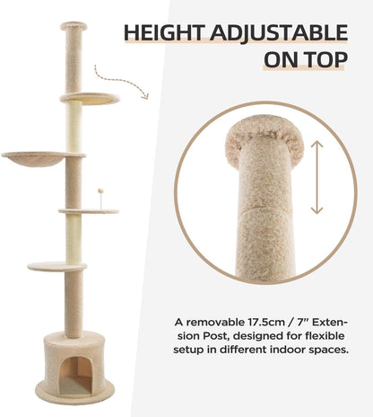 Made4Pets Floor to Ceiling Cat Tree 93-106'',Tall Cat Tower 5 Tiers, Adjustable Height, Stable Cat Tree Tower with Scratching Posts, Fluffy Condo, Hammock and Ball Toy for Indoor Cats/Kitten, Beige