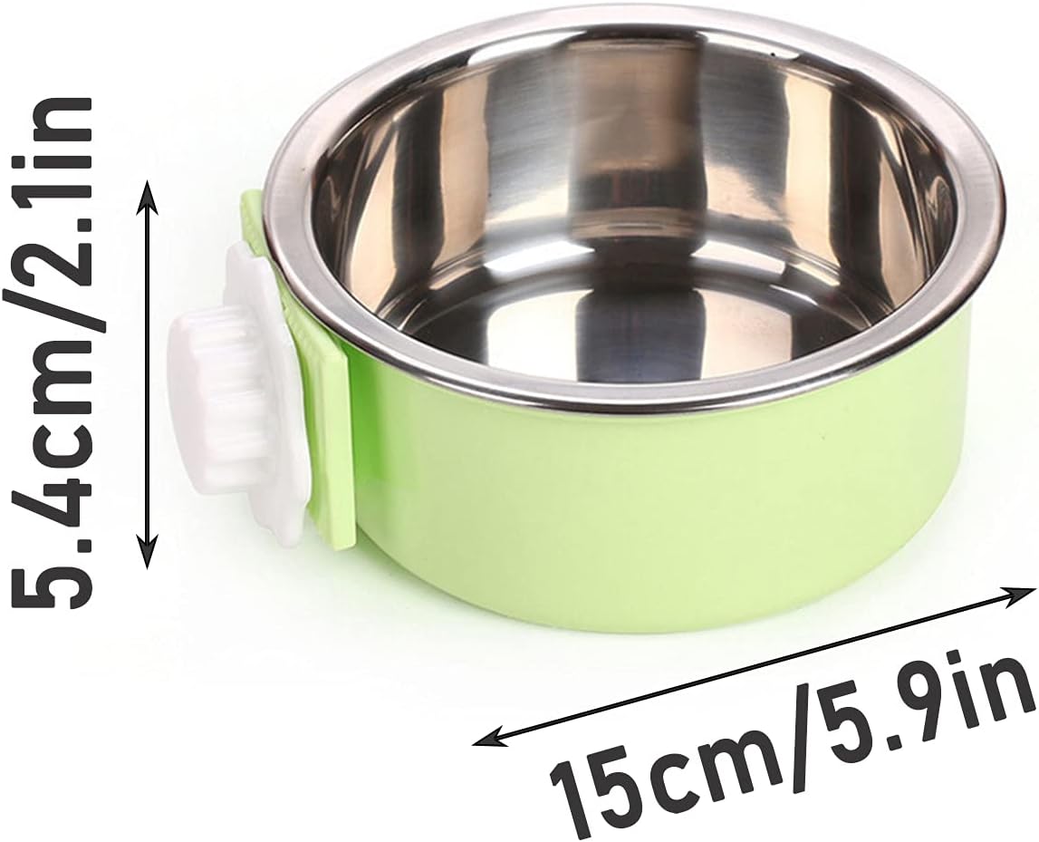kathson Crate Dog Bowl, Removable Stainless Steel Hanging Pet Cage Bowl Food & Water Feeder Coop Cup for Cat, Puppy, Birds, Rats, Guinea Pigs 2pcs(Green,Pink)