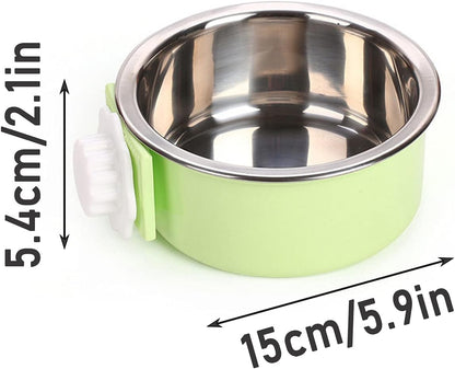kathson Crate Dog Bowl, Removable Stainless Steel Hanging Pet Cage Bowl Food & Water Feeder Coop Cup for Cat, Puppy, Birds, Rats, Guinea Pigs 2pcs(Green,Pink)