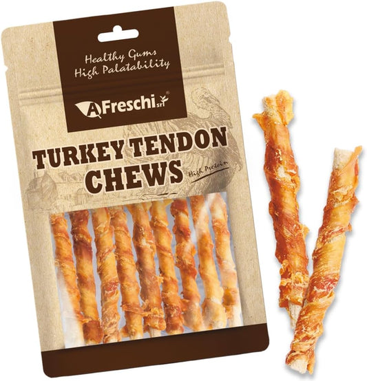 AFreschi Turkey Tendons for Dogs, USA-Sourced, Healthy Dog Treats, Rawhide-Free Puppy Chews, All Natural, Hypoallergenic Dog Treats, Classic Series, Turkey Tendon Wrapped Brown Rice Stick, 3.5 oz Pack