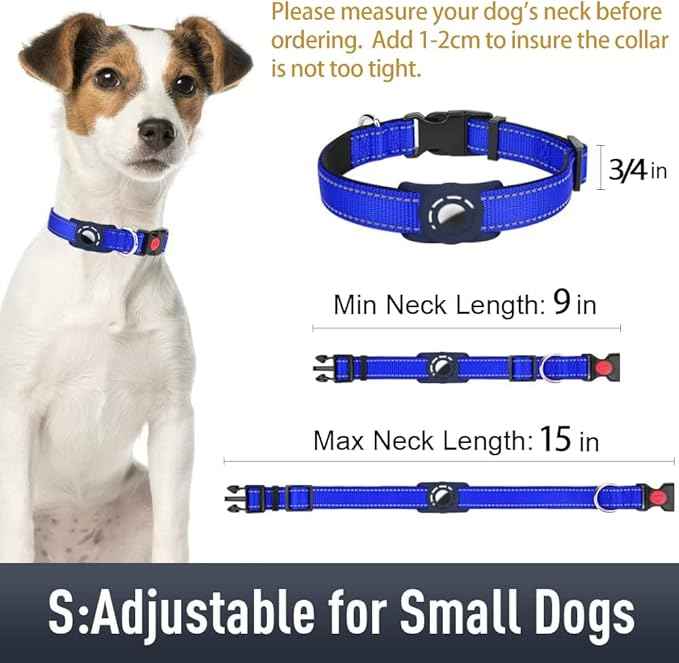AirTag Dog Collar with AirTag Holder Compatible for Air Tag, Reflective Soft Padded, Safety Locking Buckle, Adjustable Nylon for Small Medium Large Dogs (NavyBlue,S)