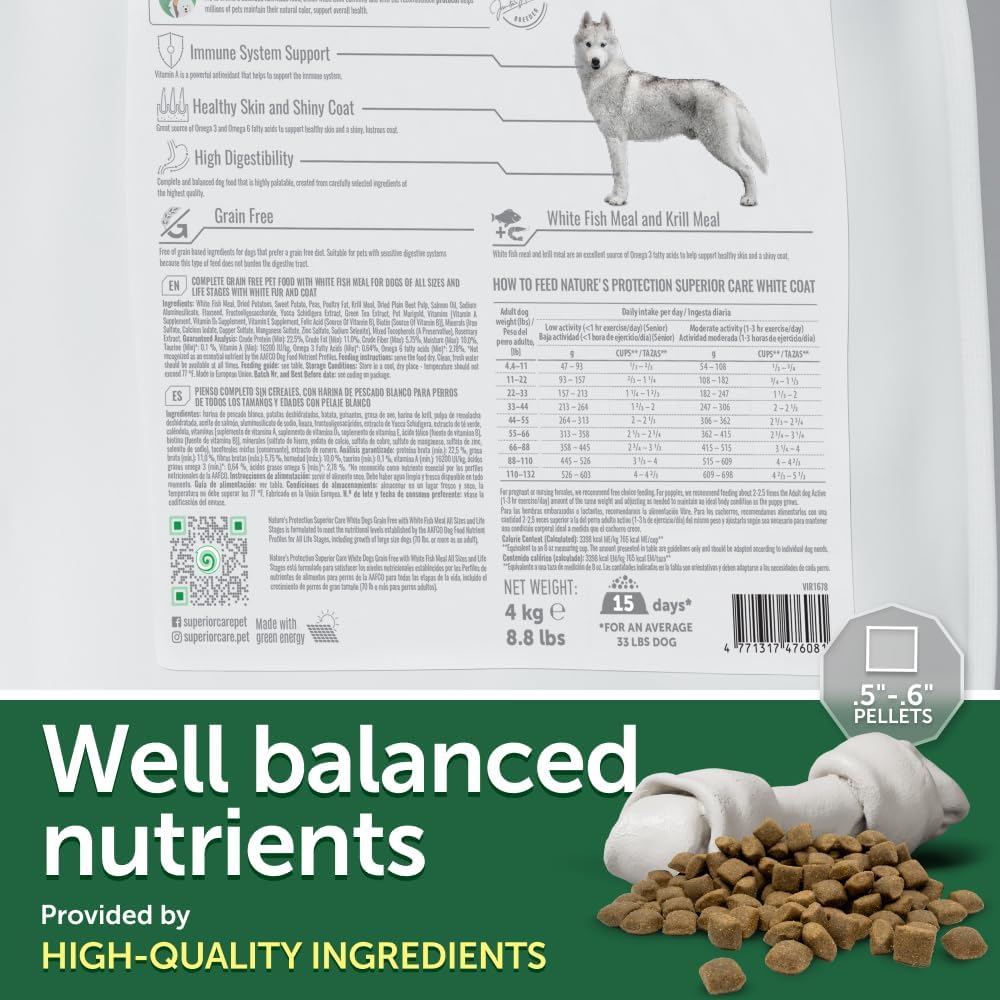 Nature's Protection Dry Dog Food - High Protein Tear Stain Diet - Dog Kibble for Adult & Puppy Dogs of Small, Medium & Large Breed with Light Fur (Superior Care - White Fish, 22 lb)