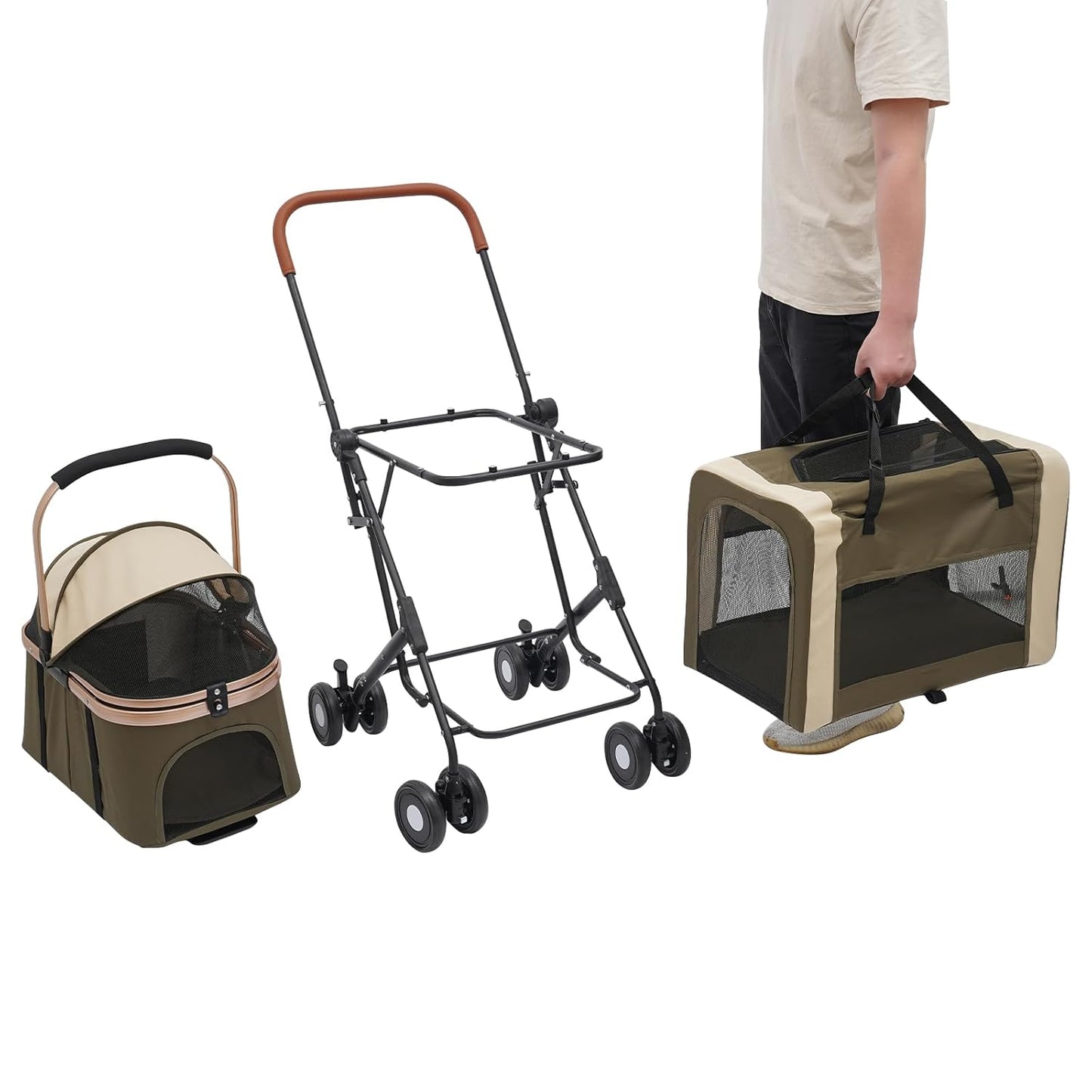Double Pet Stroller for Dogs and Cats, Foldable Dog Stroller Travel Carriage with Detachable Carriers, Safety Belts, and 4 Lockable Wheels for Small to Medium Pets (Dark Green) - Pawvie