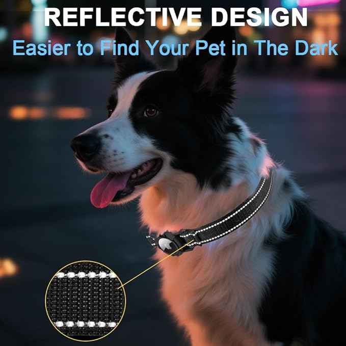 Airtag Dog Collar with Waterproof Air Tag Holder, Integrated Reflective Pet Collar with Soft Padding, Adjustable Nylon Collar for Small Medium Large Dogs, Black, S (11.8"-15.7")